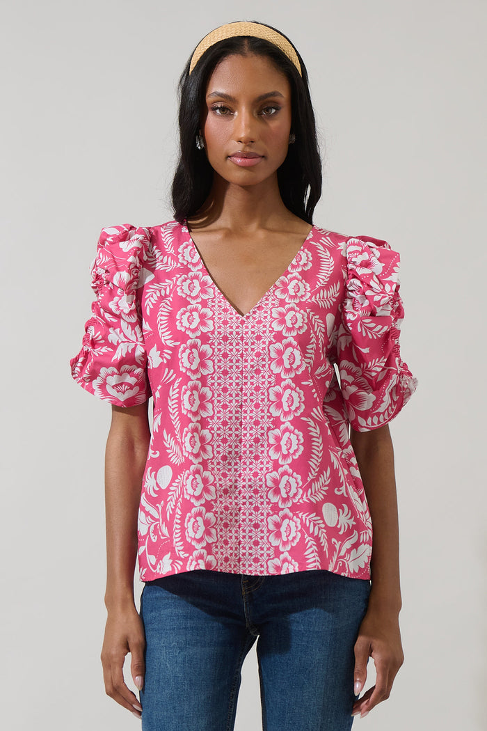 Valen Floral Chancellor Ruched Sleeve Blouse