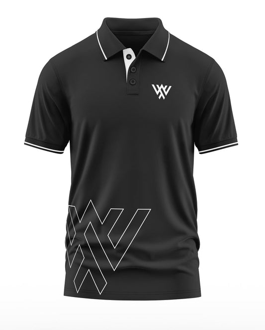 Black men's polo t-shirt with white piping and modern geometric logo design