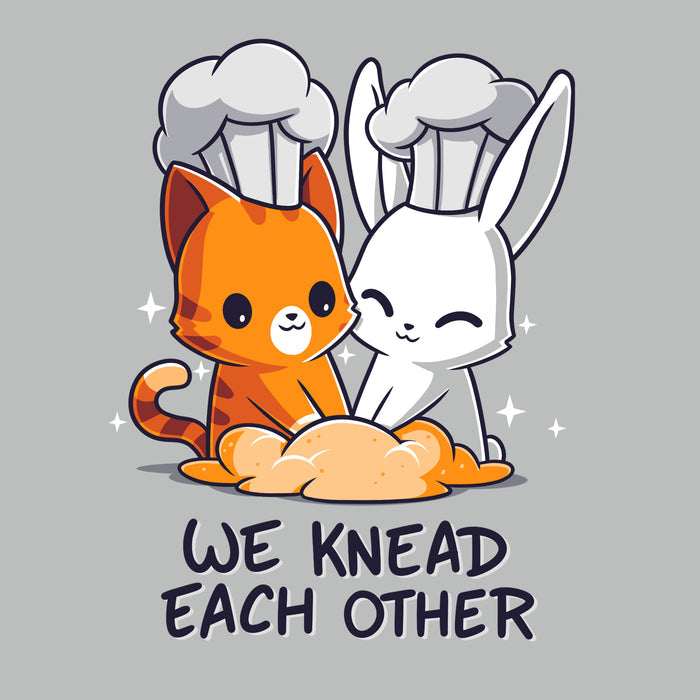 Premium Cotton T-shirt_TeeTurtle We Knead Each Other Silver Gray t-shirt featuring  an illustration of a cat and rabbit wearing chef hats, kneading dough with the text "We Knead Each Other" below them.