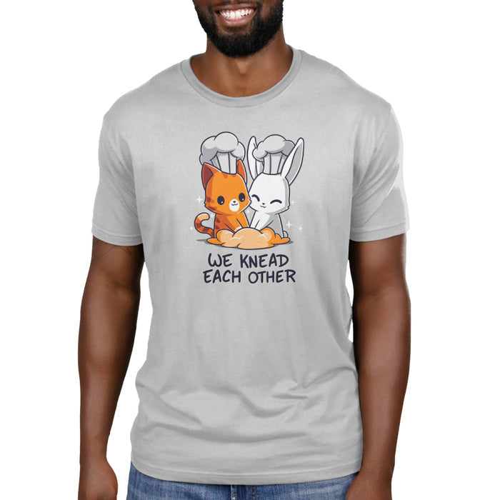 Premium Cotton T-shirt_TeeTurtle We Knead Each Other Silver Gray t-shirt featuring  an illustration of a cat and rabbit wearing chef hats, kneading dough with the text "We Knead Each Other" below them.