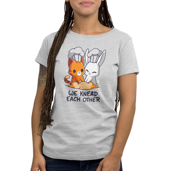 Premium Cotton T-shirt_TeeTurtle We Knead Each Other Silver Gray t-shirt featuring  an illustration of a cat and rabbit wearing chef hats, kneading dough with the text "We Knead Each Other" below them.