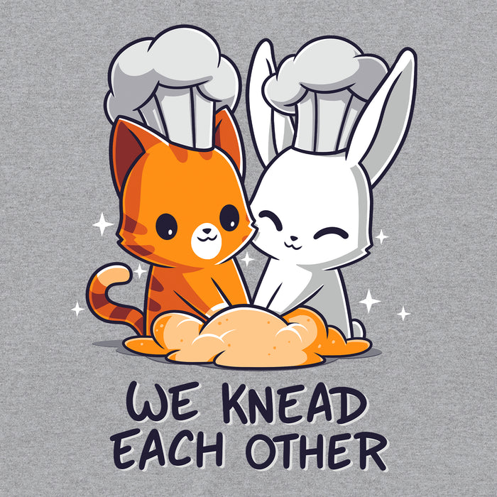 Classic Cotton T-shirt_TeeTurtle We Knead Each Other Heather Gray t-shirt featuring  an illustration of a cat and rabbit wearing chef hats, kneading dough with the text "We Knead Each Other" below them.