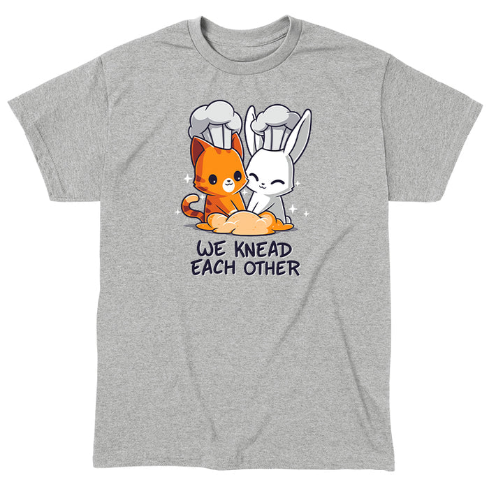 Classic Cotton T-shirt_TeeTurtle We Knead Each Other Heather Gray t-shirt featuring  an illustration of a cat and rabbit wearing chef hats, kneading dough with the text "We Knead Each Other" below them.