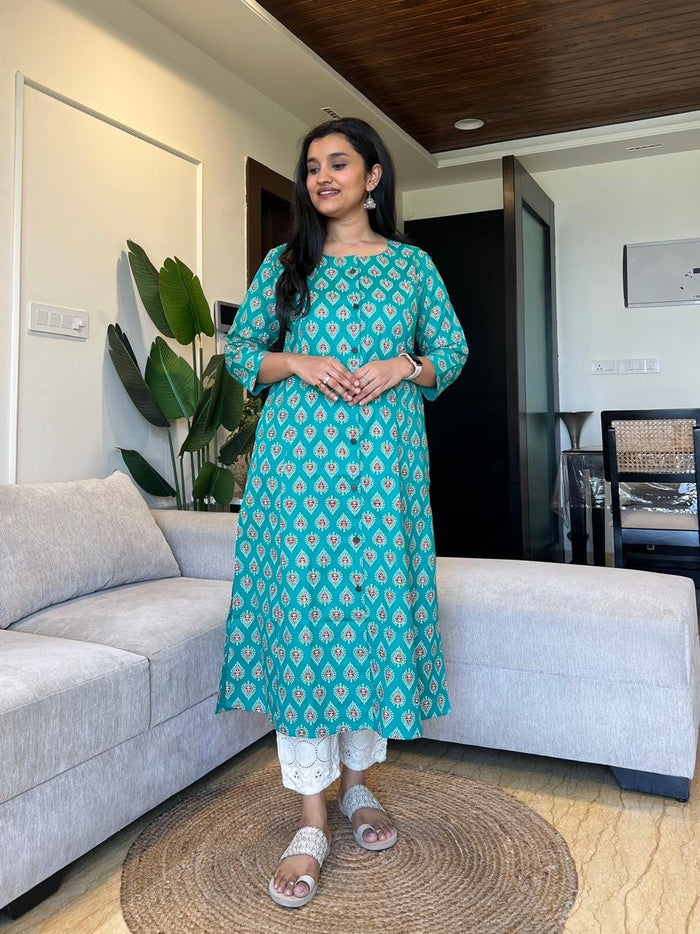 Weekend A-line Cotton Flex Kurta- Green