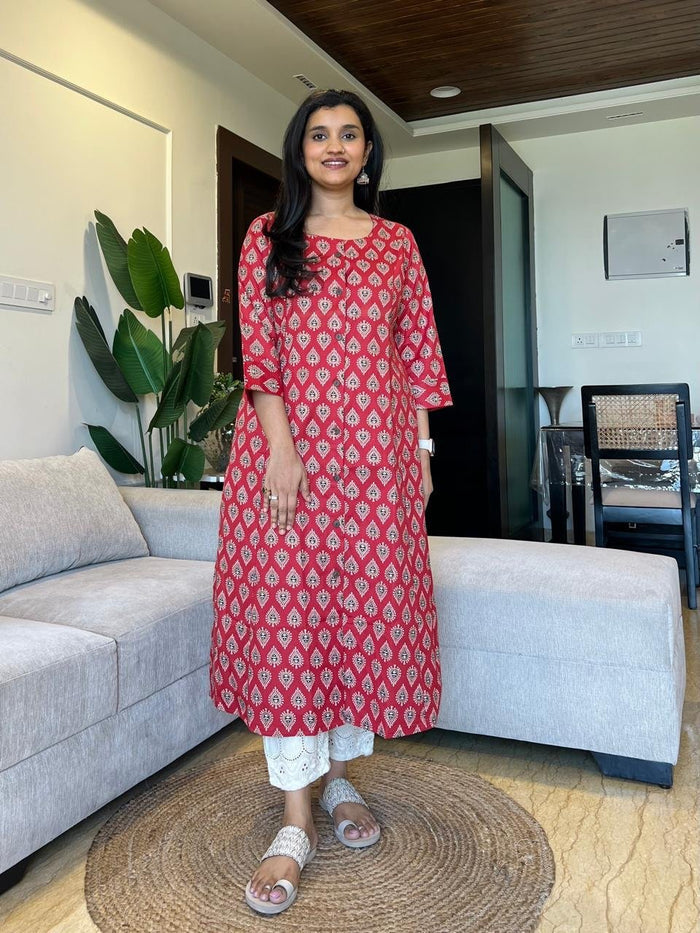 Weekend A-line Cotton Flex Kurta- Red