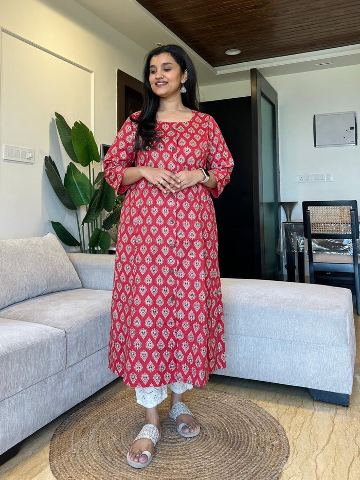 Weekend A-line Cotton Flex Kurta- Red
