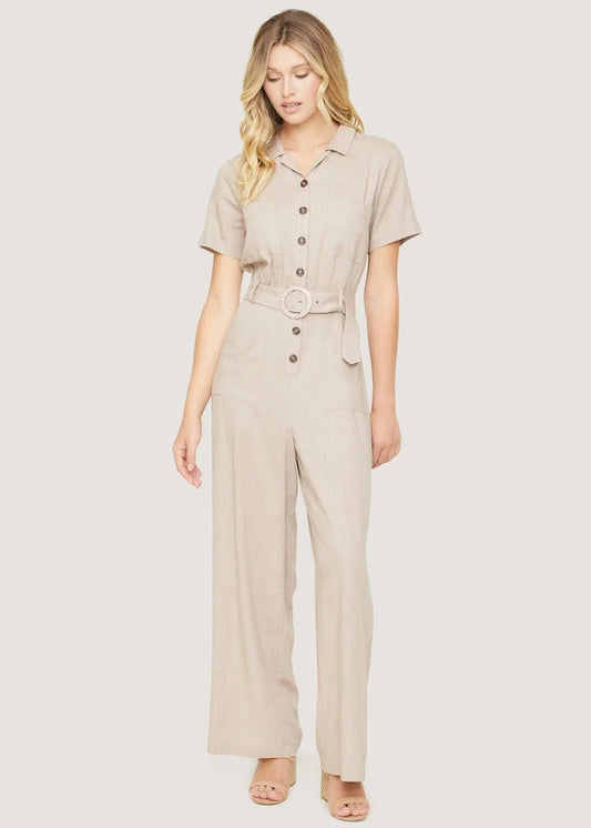 Lost + Wander Weekend Bliss almond jumpsuit with V-neckline and short sleeves