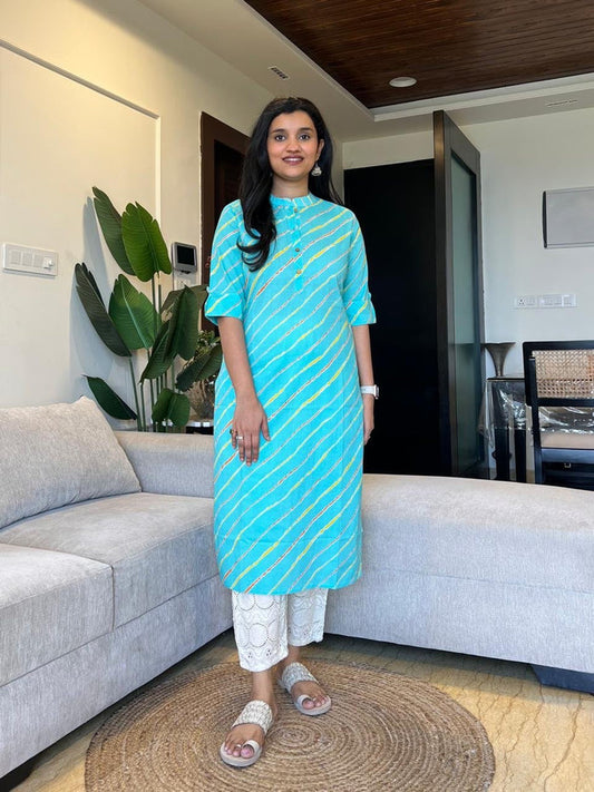 Weekend Cotton Leheriya Kurta- Blue