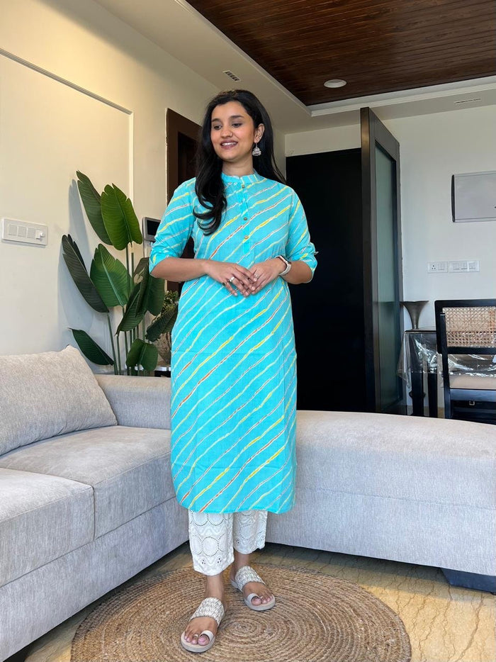 Weekend Cotton Leheriya Kurta- Blue