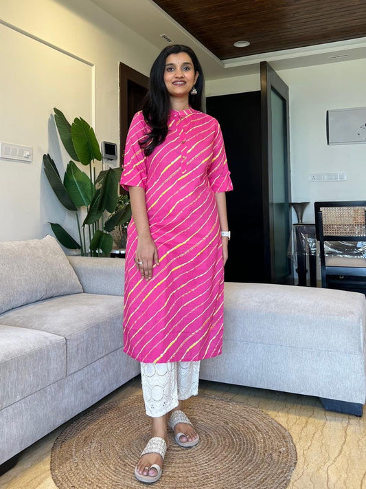 Weekend Cotton Leheriya Kurta- Pink