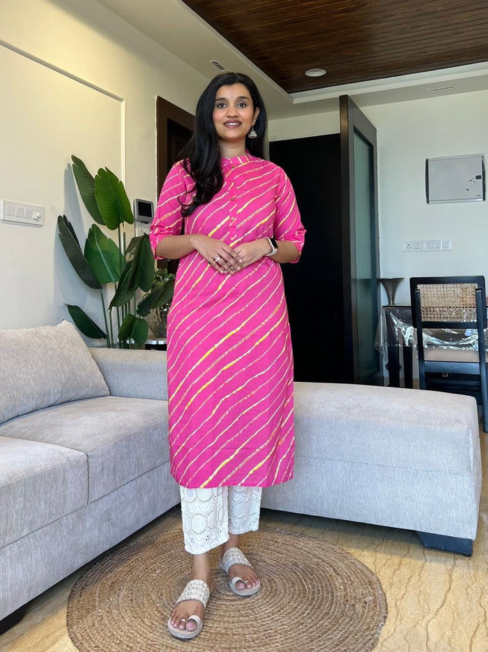Weekend Cotton Leheriya Kurta- Pink