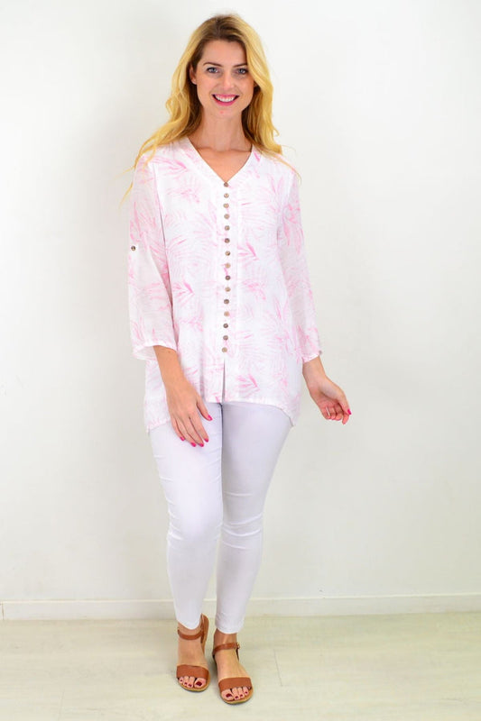 White and pink Weeping Willow button-up sleeve tunic blouse by Caroline Morgan, relaxed fit with casual summer style.