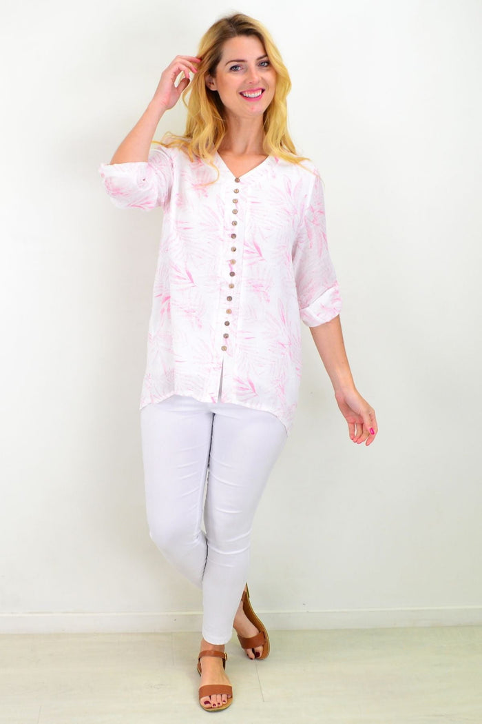 White and pink Weeping Willow button-up sleeve tunic blouse by Caroline Morgan, featuring a relaxed summer design for women.