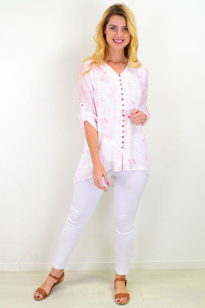 White and pink Weeping Willow button-up sleeve tunic blouse by Caroline Morgan, relaxed fit, perfect for summer wear.
