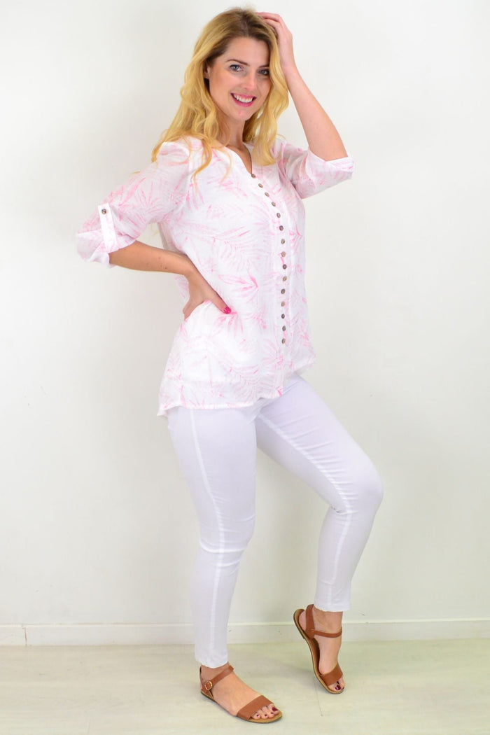 White and pink Weeping Willow button-up sleeve tunic blouse by Caroline Morgan, with a relaxed fit and summer-ready style.