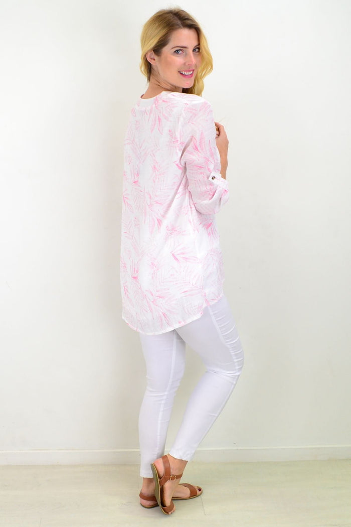 White and pink Weeping Willow button-up sleeve tunic blouse by Caroline Morgan, relaxed summer ladies' top with a casual fit.
