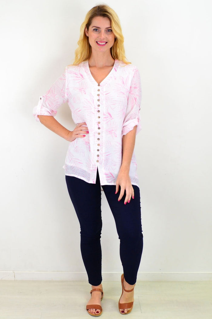 White and pink Weeping Willow button-up sleeve tunic blouse by Caroline Morgan, featuring a relaxed summer design for women.