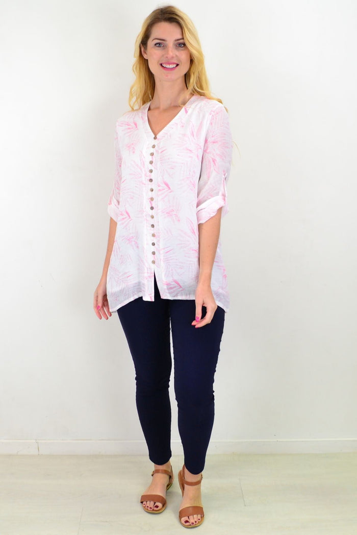 White and pink Weeping Willow button-up sleeve tunic blouse by Caroline Morgan, relaxed fit with casual summer style.