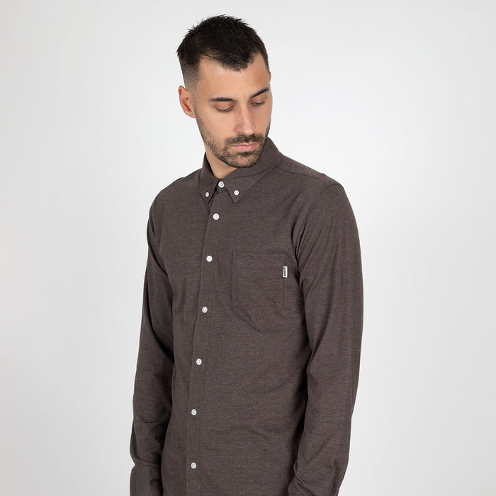 Wemoto Shaw Melange Langarm Hemd Brown Melange