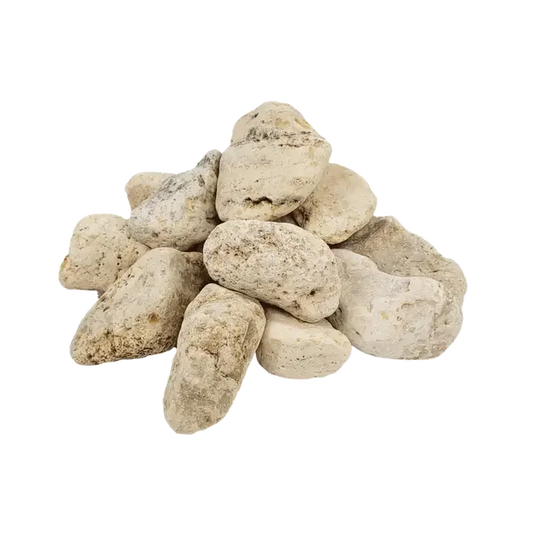 Smooth light beige White Adder Nano Boulder river rocks with gray brown speckles