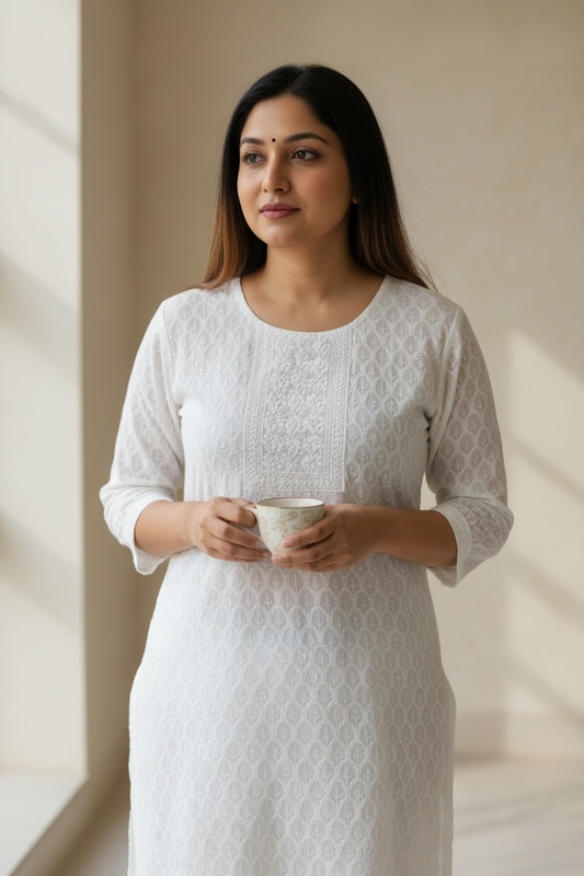 White chikankari kurti with light sequin work by Kurti Connection USA