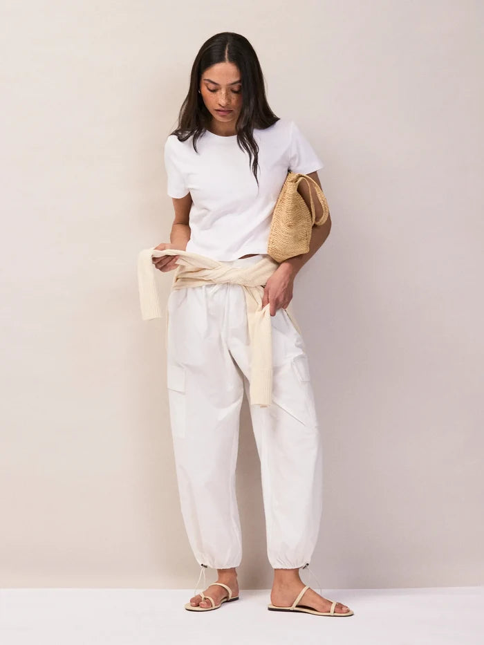 White Cotton Drawstring Cuff Trousers