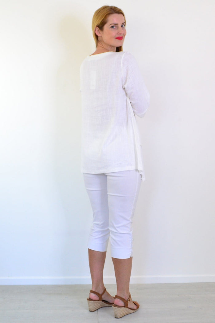 White layered linen blend tunic top by Ruby Rain featuring a flowy, relaxed fit and casual, elegant style.