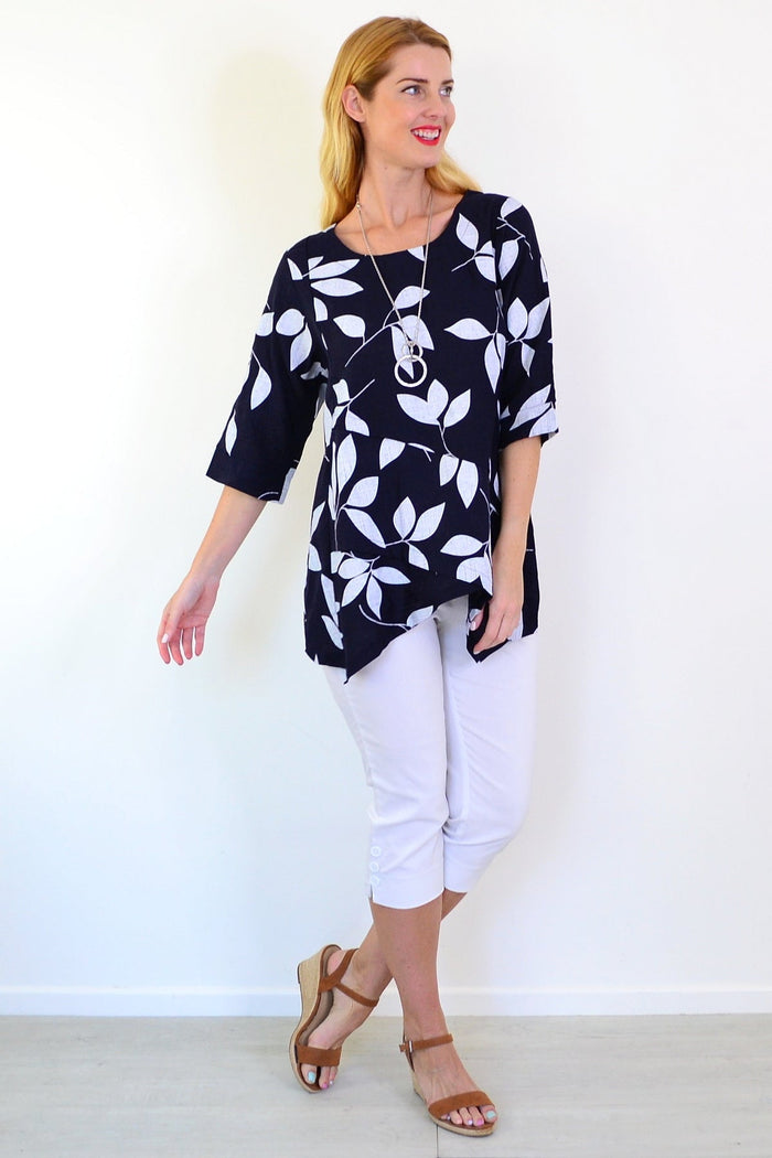 White Petals Linen Blend Tunic Top by Ruby Rain, front view showing relaxed fit and lightweight fabric details.