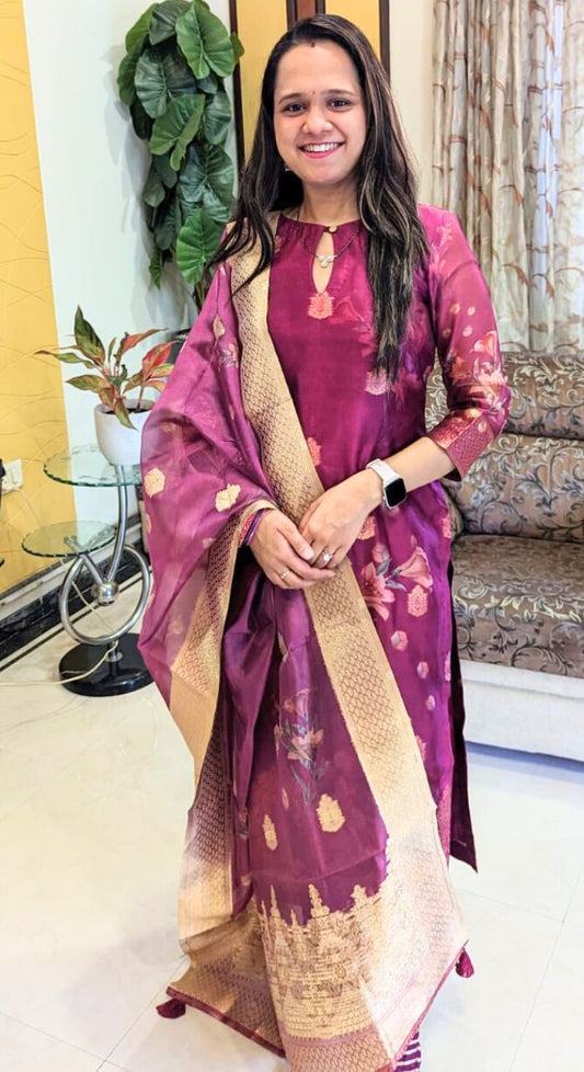 Wine banarasi silk suit with matching organza dupatta