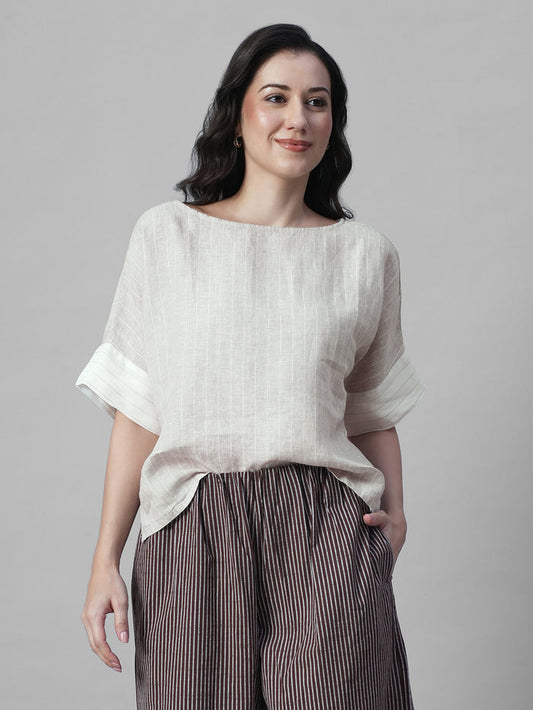 Women's Beige 100% Linen Boxy Fit Blouse