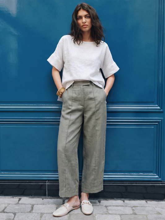 Women's Beige 100% Linen Boxy Fit Blouse