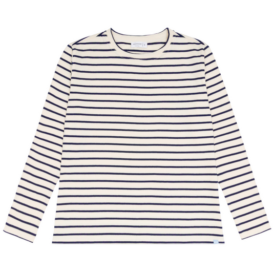 women's cream and navy stripe long sleeve tee