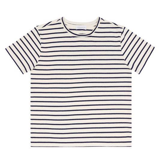 women's cream and navy stripe short sleeve tee