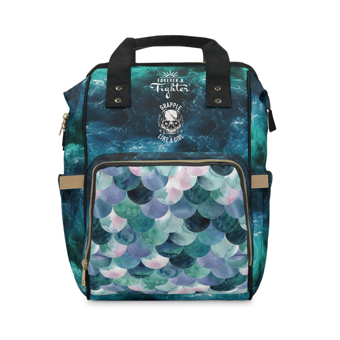 Backpack with mermaid scale pattern and text on a white background
