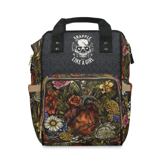 Backpack with floral and pumpkin design on a white background