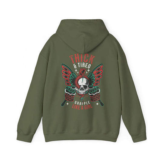 Green hoodie with a graphic design on the back featuring text and a skull.