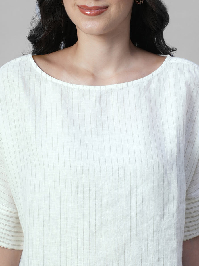 Women's Offwhite 100% Linen Boxy Fit Blouse