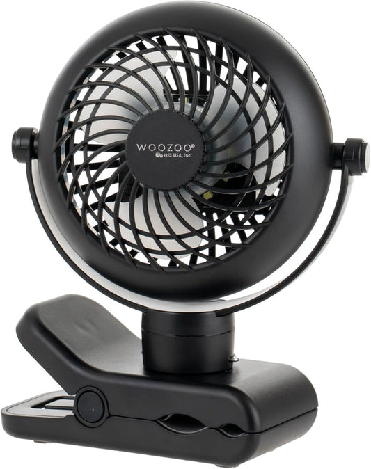 Black clip-on fan with 'Woozoo' branding on a white background
