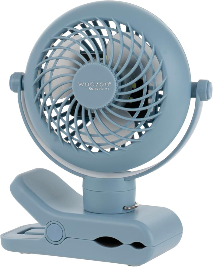 Blue clip-on fan with 'Woozoo' branding on a white background
