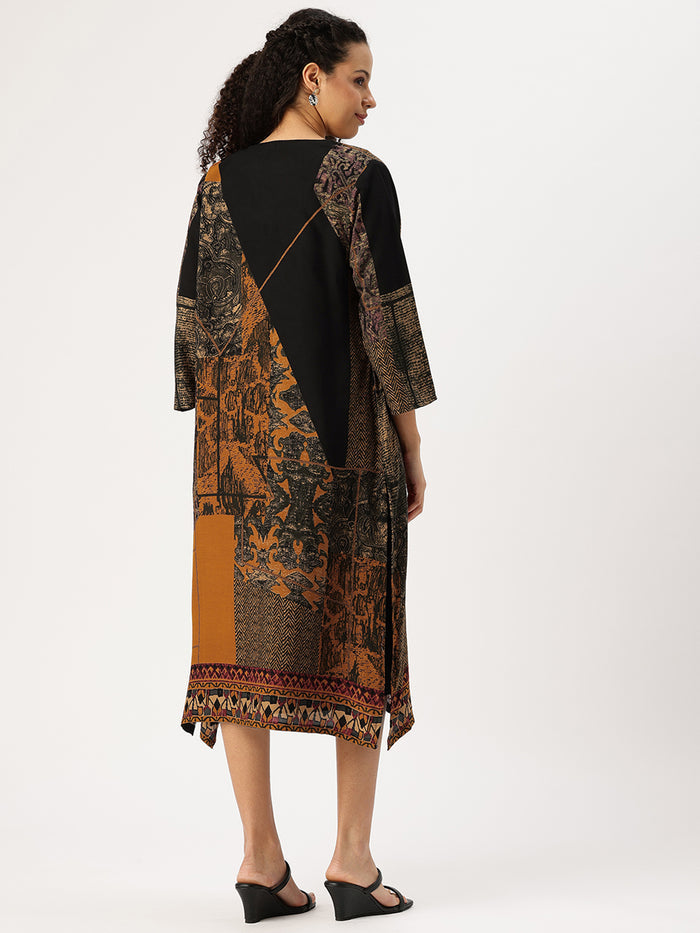 Yellow & Black Round Neck A-Line Midi Dress With Shrug