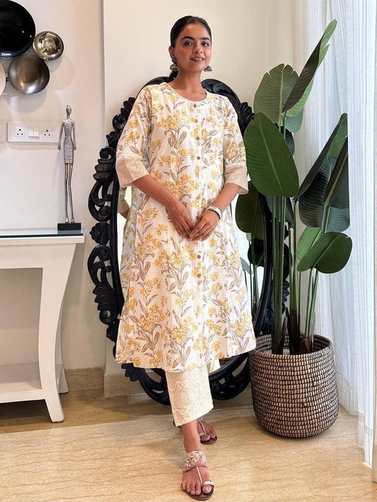 Yellow Floral Fancy A-line kurta