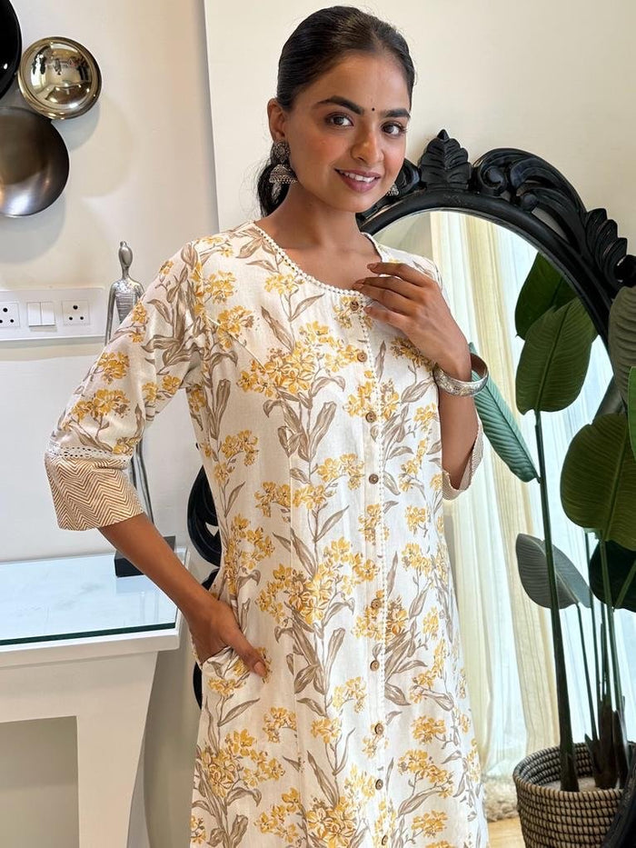 Yellow Floral Fancy A-line kurta