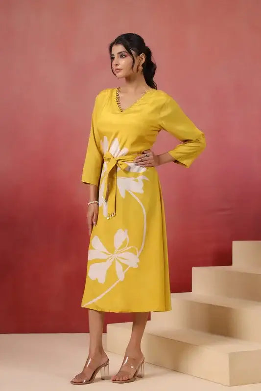 Yellow Floral Russian Silk Midi Dress