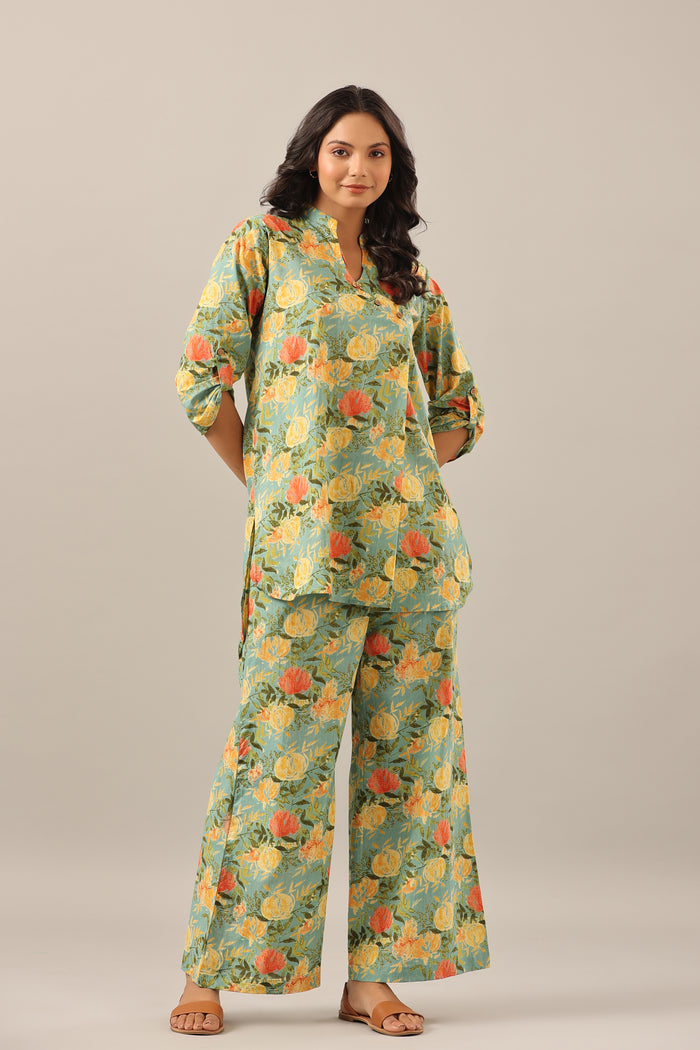 Yellow Jaal on Green Lounge Cotton Co-ord Set