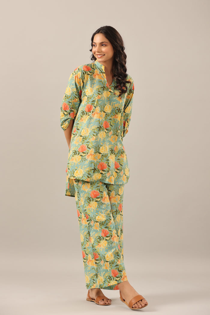 Yellow Jaal on Green Lounge Cotton Co-ord Set