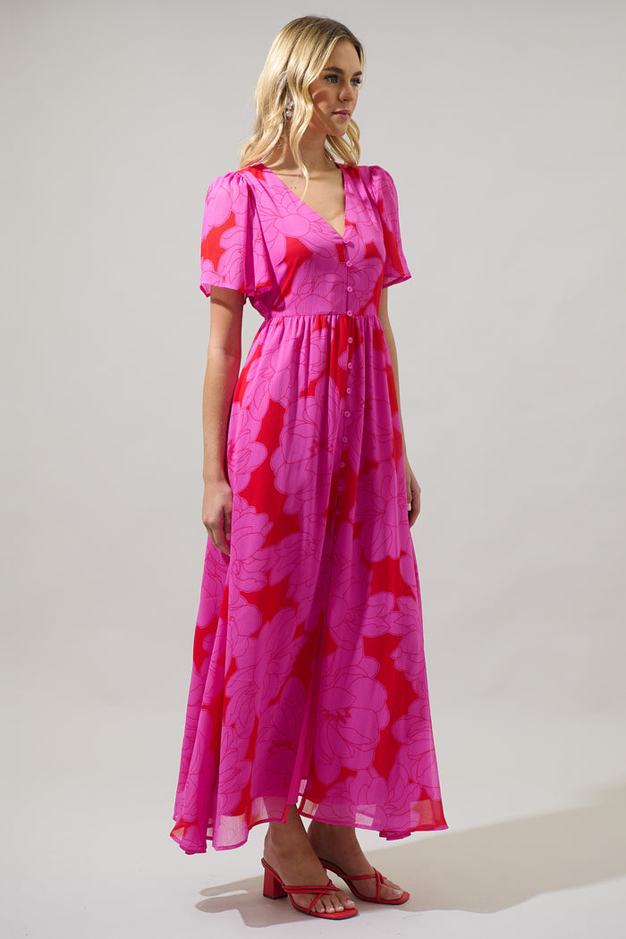 Zalea Floral Linana Button Front Maxi Dress