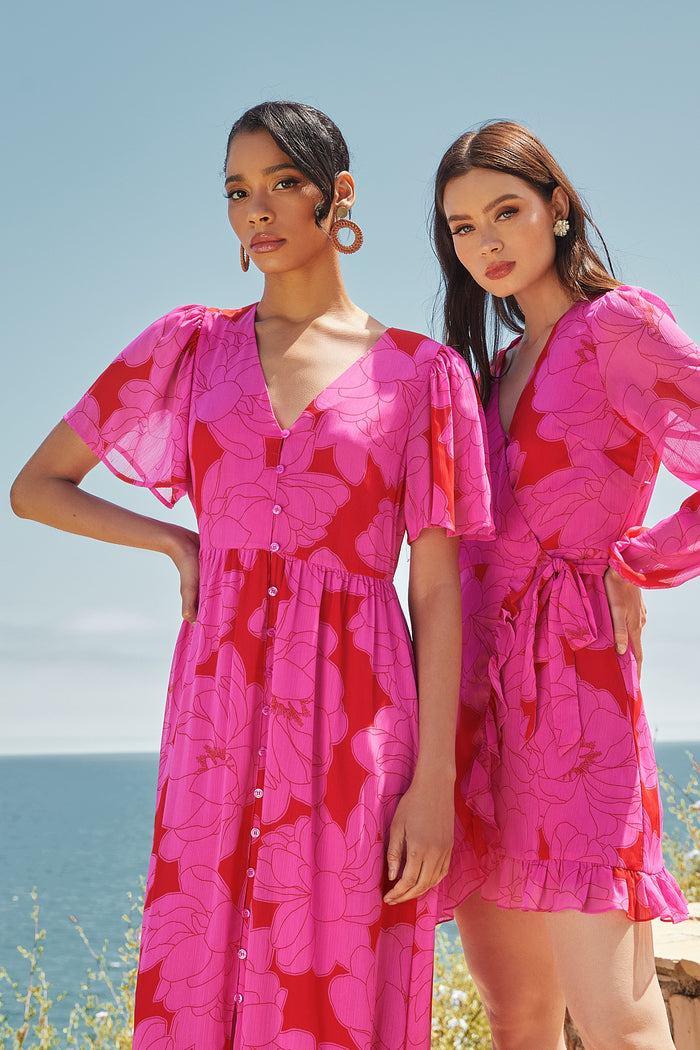 Zalea Floral Linana Button Front Maxi Dress