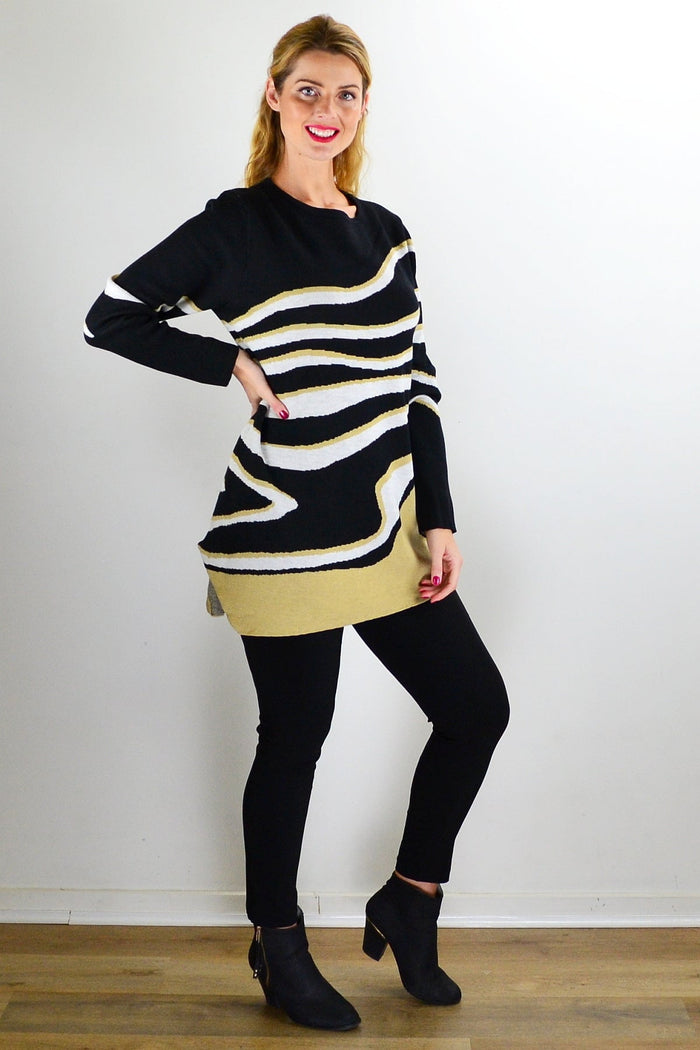 Zebra print knit tunic jumper from Cafe Latte featuring a comfortable, stylish design and long sleeves, photographed on a mannequin.