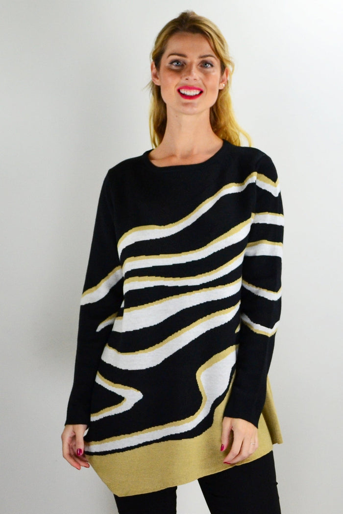 Zebra print knit tunic jumper by Cafe Latte, featuring a cozy, stylish design with long sleeves and a relaxed fit.