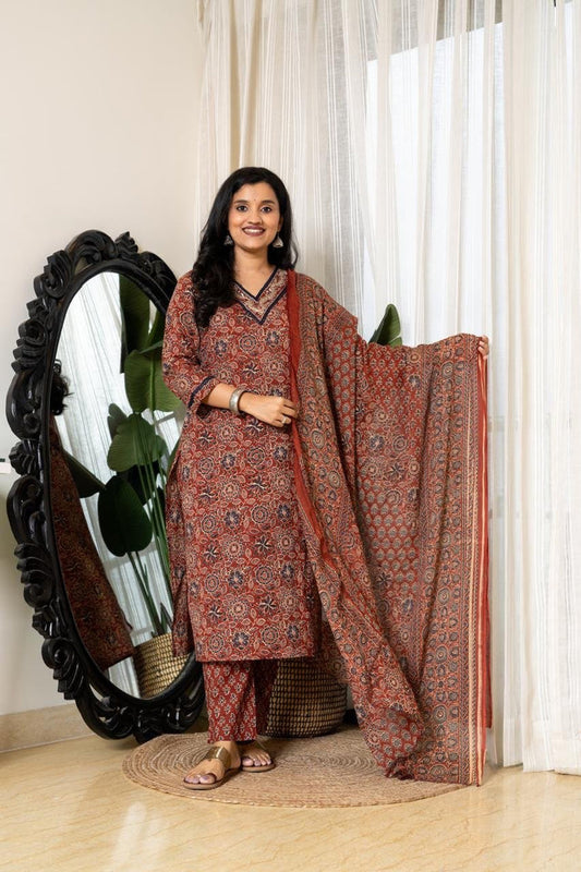 Zeenat Ajrakh Cotton Suit- Maroon